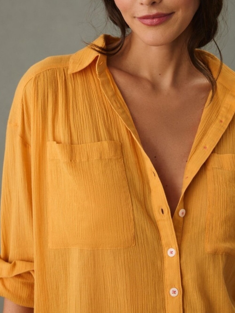 By Anthropologie Duster Tunic Shirt Long Sleeve Mango/Mustard Hi Low Oversized - Picture 4 of 13